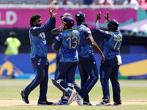Wanindu Hasaranga of Sri Lanka celebrates the wicket of Tristan Stubbs of South Africa during the ICC Men's T20 Cricket World Cup at Nassau County International Cricket Stadium on June 03, 2024 in New York, New York. A