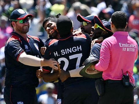 USA’s players celebrate after winning the Group A game against Pakistan in a Super Over during the ICC Men's Twenty20 World Cup 2024 in Grand Prairie, Texas, on June 6, 2024.
