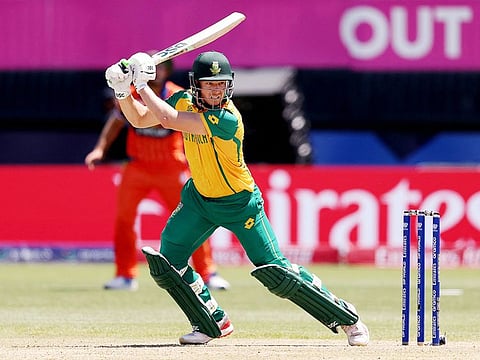 David Miller of South Africa bats during the ICC Men's T20 Cricket World Cup match against Netherlands at Nassau County International Cricket Stadium on June 08, 2024 in New York.