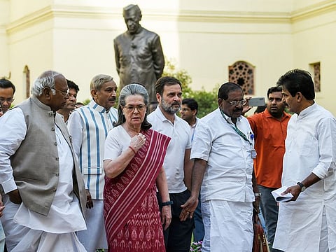 Congress President Mallikarjun Kharge, Parliamentary Party Chairperson Sonia Gandhi, party leader Rahul Gandhi and others leave after the Congress Parliamentary Party (CPP) meeting comprising all newly elected Lok Sabha MPs & Rajya Sabha MPs, at Samvidhan Sadan (Old Parliament) in New Delhi on Saturday.
