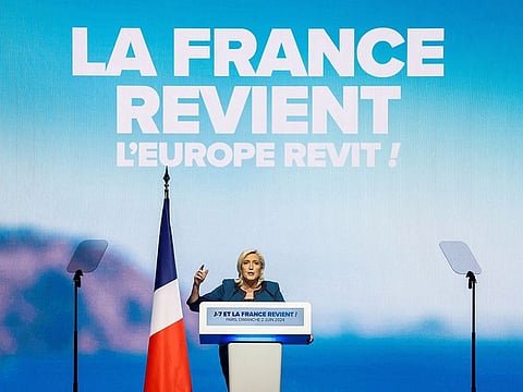 Marine Le Pen, President of the French far-right National Rally (Rassemblement National - RN) party parliamentary group, speaks during the party's campaign for the EU elections, in Paris, France,.