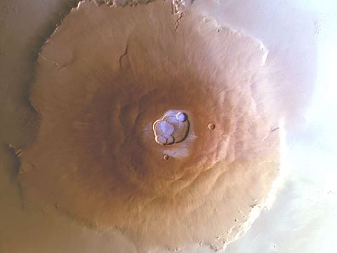 Frost on the Olympus Mons volcano taken by the HRSC camera aboard ESA's Mars Express.