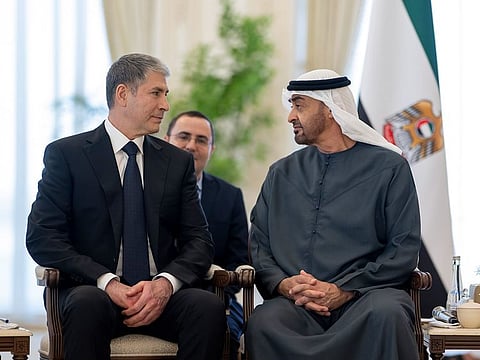 President His Highness Sheikh Mohamed bin Zayed Al Nahyan with Vilayat Eyvazov, Minister of Internal Affairs of the Republic of Azerbaijan, at Qasr Al Bahr in Abu Dhabi on Tuesday