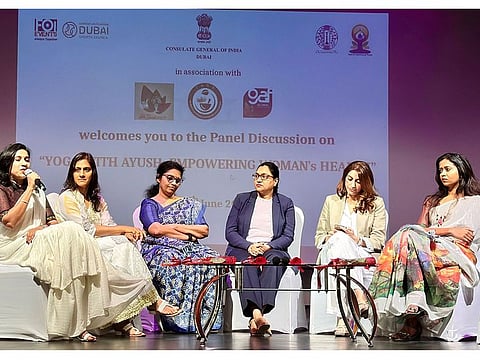 Doctors attend a panel discussion under the theme “Yoga with AYUSH: Empowering Women’s Health” at the Indian Consulate in Dubai on Wednesday