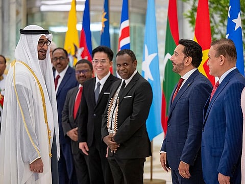 President His Highness Sheikh Mohamed bin Zayed Al Nahyan speaks with newly appointed foreign ambassadors, during a diplomatic credential presentation ceremony, at Qasr Al Watan.