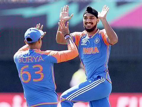 Arshdeep Singh of India celebrates after dismissing Shayan Jahangir of the USA during the ICC Men's T20 Cricket World Cup at Nassau County International Cricket Stadium on June 12, 2024 in New York.