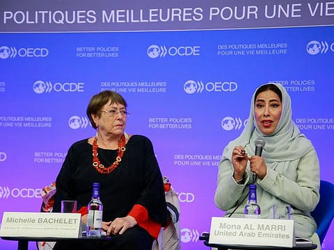 Mona Ghanem Al Marri speaking at the Organisation for Economic Cooperation and Development (OECD) Forum on “Gender Equality: Navigating Global Transitions”, held in Paris.