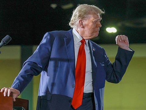 Former President Donald Trump speaks to members of the Club 47 group at the Palm Beach Convention Center on June 14, 2024, in West Palm Beach, Florida. Trump celebrated his 78th birthday during the event.