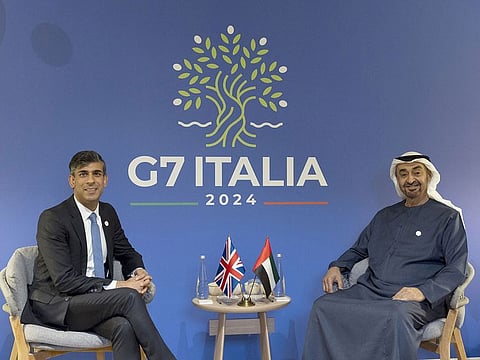 Sheikh Mohamed and the UK Prime Minister discussed bilateral relations and ways to develop and expand them in various fields, including economic and developmental areas.
