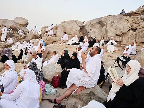 Muslim pilgrims gather at Mount Arafat during the annual Hajj pilgrimage, outside the holy city of Mecca, in Saudi Arabia, on June 15, 2024.