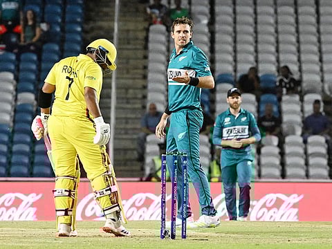 New Zealand's Tim Southee reacts during the ICC men's Twenty20 Cricket World Cup 2024 group C match against Uganda at Brian Lara Cricket Academy Stadium in Tarouba, Trinidad and Tobago, on June 14, 2024.