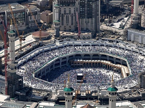 An aerial view shows Mecca's Grand Mosque with the Kaaba, Islam's holiest site in the centre on June 17, 2024, during the annual Hajj pilgrimage.
