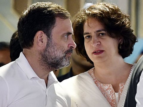 Congress party leaders Rahul Gandhi and Priyanka Gandhi Vadra after attending the Extended Congress Working Committee meeting, in New Delhi on Saturday.