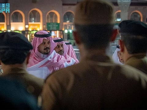 Medina Governor Prince Salman bin Sultan meeting security personnel on duty in the Prophet’s Mosque.