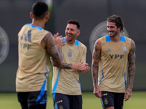 Argentina's Lionel Messi (centre) participates in a training session ahead of the Copa America.