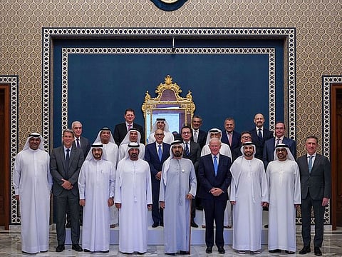His Highness Sheikh Mohammed bin Rashid Al Maktoum, Vice President and Prime Minister of the UAE, and Ruler of Dubai with Sheikh Ahmed bin Saeed Al Maktoum, Chairman and Chief Executive of Emirates Airline and Group, and other senior Emirates Group leaders.