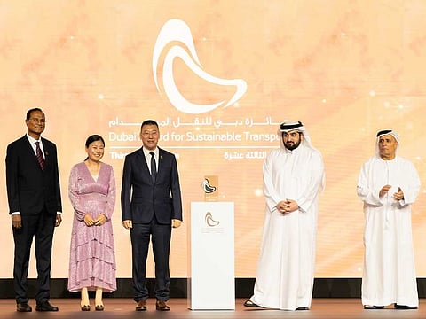 Sheikh Ahmed bin Mohammed bin Rashid Al Maktoum, Second Deputy Ruler of Dubai and Chairman of the Dubai Media Council, presented the award to Kai Zheng, Founder and Chairman – Legend Holding Group. Mattar Al Tayer, Director General and Chairman of the Board of Executive Directors, RTA; Mira Wu, Co-Founder and Vice Chairman – Legend Holding Group, Chenna Reddy, Managing Director – Legend World Investments L.L.C were also present on the stage.