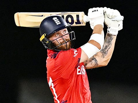 England's Phil Salt looks on after hitting a six during the ICC men's Twenty20 Cricket World Cup 2024 Super Eight match against the West Indies at Daren Sammy National Cricket Stadium in Gros Islet, Saint Lucia, on June 19, 2024.