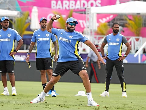 India's captain Rohit Sharma during a practice session ahead of the Super 8 match against Afghanistan. Indian team will have a busy home schedule from September.