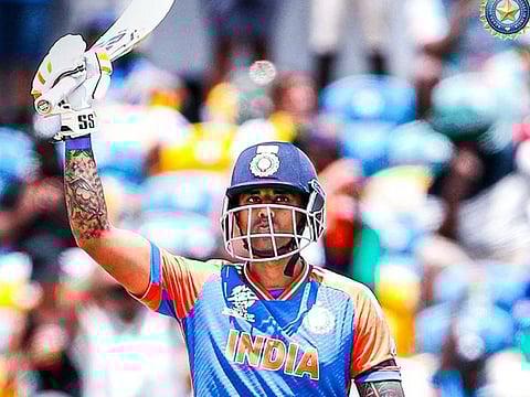 Suryakumar Yadav celebrates his half-century against Afghanistan in the Super Eight clash at Bridgetown in Barbados on Thursday.