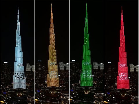 IOC and Paris Olympics logos displayed on the Burj Khalifa on the occasion of Olympic Day for the second consecutive year.