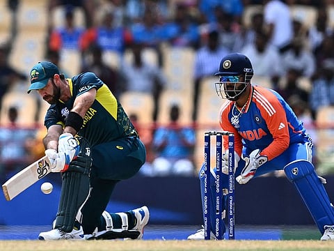 Australia's Glenn Maxwell hits a shot during the ICC men's Twenty20 World Cup 2024 Super Eight cricket match between Australia and India at Daren Sammy National Cricket Stadium in Gros Islet, Saint Lucia on June 24, 2024.