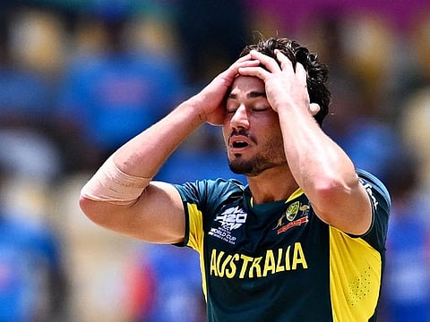Australia’s Marcus Stoinis reacts during the ICC men’s Twenty20 World Cup 2024 Super Eight cricket match against India at Daren Sammy National Cricket Stadium in Gros Islet, Saint Lucia, on June 24, 2024. Australia lost by 24 runs.
