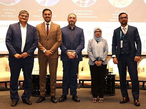 From left to right: Nirav Shah, Director of Fame Advisory; Sahil Mehta, CEO of Shuraa Tax Consultants; Mostafa Elrefaey, Managing Director of Integrity Accounting Services; Alia Noor, Associate Partner at Ahmad Alagbari Chartered Accountants; and Hozefa Saifuddin, Co-founder and CEO of Brooks Group