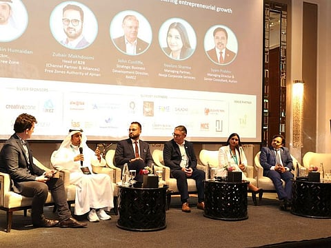From left to right: Mohammed Bin Humaidan, Director, Meydan Free Zone; Zubair Makhdoomi Director B2B (Channel Partner & Alliances) Free Zones Authority of Ajman; John Cunliffe, Strategic Business Development Director, RAKEZ; Neelam Sharma, Managing Partner, Neeja Corporate Services; Syam Prabhu, Managing Director & Senior Consultant, Aurion
