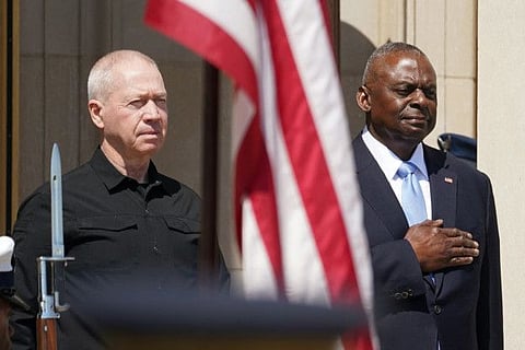 US Secretary of Defence Lloyd Austin receives Israeli Defence Minister Yoav Gallant at the Pentagon in Washington on June 25, 2024.
