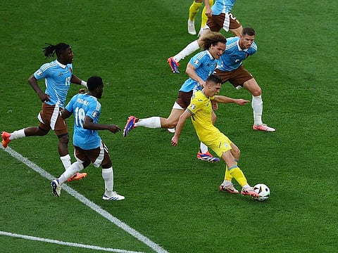 Ukraine's Heorhiy Sudakov shoots at goal.