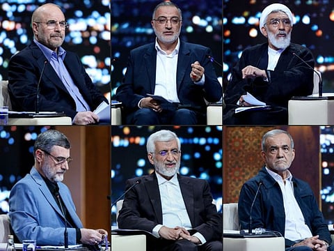 Presidential candidates (clockwise) Mohammad Bagher Ghalibaf, Alireza Zakani, Mostafa Pourmohammadi, Masoud Pezeshkian, Saeed Jalili, and Amirhossein Ghazizadeh-Hashemi during a debate at the Iran State television studio in Tehran on June 17, 2024.