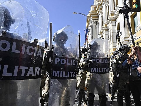 Military troops are seen at the Plaza de Armas in La Paz on June 26, 2024.
