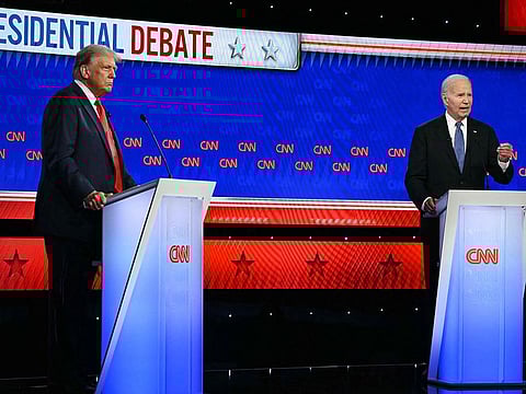 US President Joe Biden and former US President and Republican presidential candidate Donald Trump participate in the first presidential debate of the 2024 elections at CNN's studios in Atlanta, Georgia, on June 27, 2024.