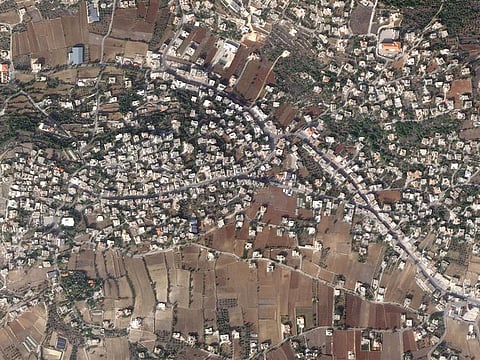 A satellite image shows part of the Lebanese village of Aita Al Shaab, near the border with Israel, Lebanon