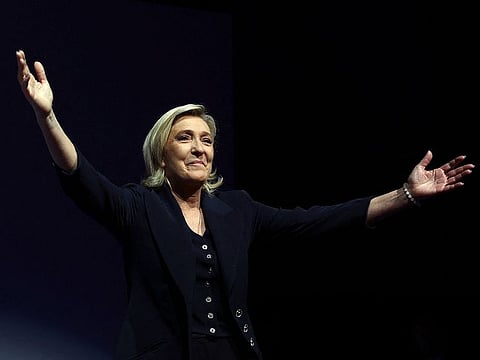 Marine Le Pen, French far-right leader and far-right Rassemblement National (National Rally - RN) party candidate, reacts on stage after partial results in the first round of the early French parliamentary elections in Henin-Beaumont, France.