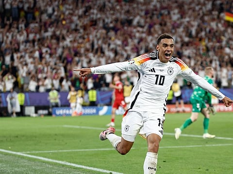 Germany's midfielder Jamal Musiala celebrates after scoring his team's second goal during the Euro 2024 round of 16 match against Denmark in Dortmund on Saturday.