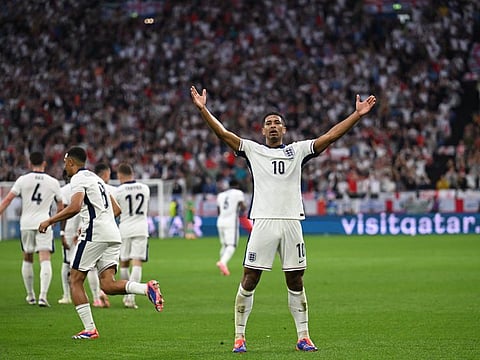 Jude Bellingham celebrates his last gasp goal against Slovakia