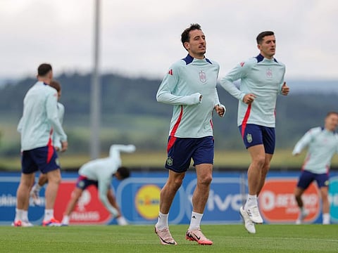 Spain's midfielder Mikel Oyarzabal (left) and defender Daniel Vivian take part in a MD-1 training session at the team's base camp in Donaueschingen, on June 23.