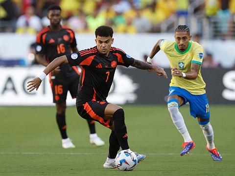 Luis Diaz of Colombia controls the ball during the CONMEBOL Copa America 2024 Group D match against Brazil at Levi's Stadium on Tuesday.