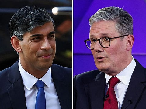 Britain's Prime Minister and Conservative Party leader Rishi Sunak (left) and Labour Party leader Keir Starmer go head to head in the race for 10 Downing Street on Thursday, July 4, 2024.