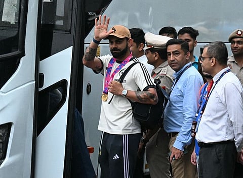 Virat Kohli waves to the fans on his arrival in New Delhi on Thursday morning, after winning the T20 World Cup in Barbados on Saturday.