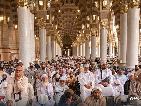 Worshippers congregate inside the Prophet's Mosque in Medina.