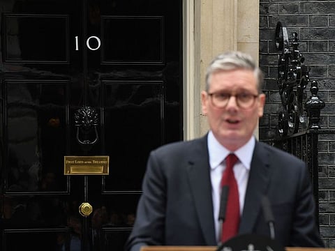 Keir Starmer, UK prime minister, delivers the first speech of his premiership, following the general election, outside 10 Downing Street in London