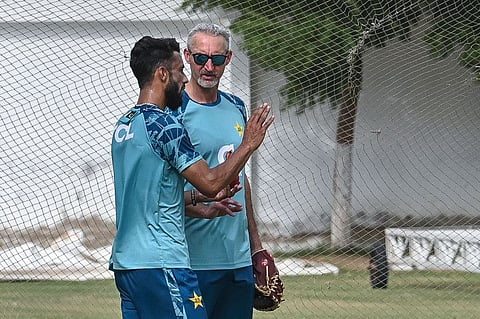 Pakistan's new red-ball coach Jason Gillespie (right) during a training camp at the National Stadium in Karachi on Sunday.