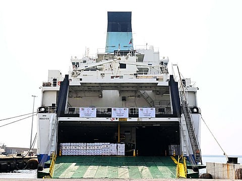 The ship, which departed from the Port of Fujairah on Monday, is carrying 4,750 tonnes of food and 590 tonnes of shelter materials