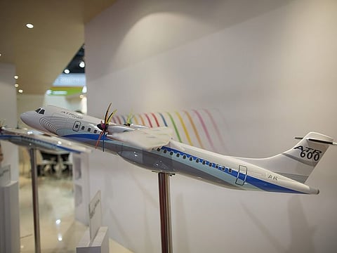 A model of an ATR 72-600 twin-engine turboprop aircraft, manufactured by Avions de Transport Regional (ATR)