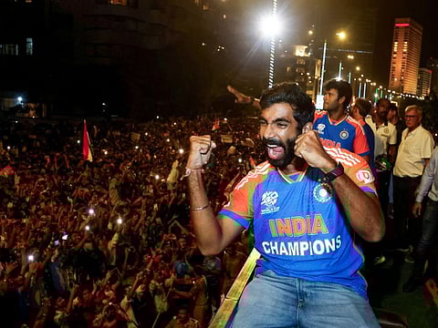 India's Jasprit Bumrah during the celebrations of Team India's T20 World Cup 2024 victory parade, in Mumbai last Thursday.