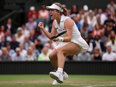 New Zealand's Lulu Sun celebrates winning against Britain's Emma Raducanu during their women's singles fourth round tennis match of the 2024 Wimbledon Championships at The All England Lawn Tennis and Croquet Club in Wimbledon, southwest London, on Sunday.