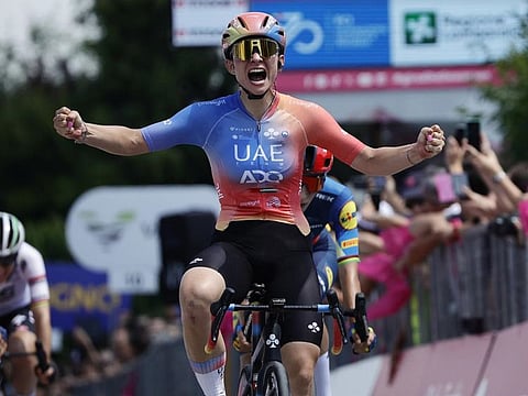 UAE Team ADQ’s Chiara Consonni celebrates after her win in the second stage of Giro d’Italia Women, a gruelling 110km race from Sirmione to Volta Mantovana.
